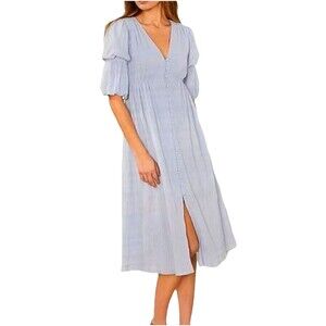 Chelsea & Violet Button Front Midi Dress Puff Sleeve Blue Cotton 2 Boho Cottage